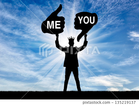 Selfishness. Arrogant man with a crown holding a like sign addressed to him and a dislike addressed to other people Selfishness. Arrogant man with a crown holding a like sign addressed to him and a dislike addressed to other people 135219137
