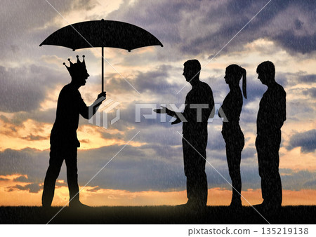 Selfishness and arrogance. Selfish man with a crown holding an umbrella laughing at people in the rain Selfishness and arrogance. Selfish man with a crown holding an umbrella laughing at people in the rain 135219138