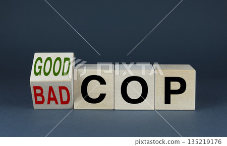 Cubes form the words Good - bad cop. The concept of the method of work in the police Cubes form the words Good - bad cop. The concept of the method of work in the police 135219176