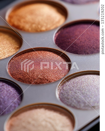 Close-up of vibrant eyeshadow palette showcasing rich matte and shimmer tones with copy space Close-up of vibrant eyeshadow palette showcasing rich matte and shimmer tones with copy space 135219202