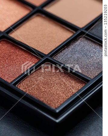 Close-up of luxurious eyeshadow palette featuring rich matte and shimmer tones with copy space 135219203