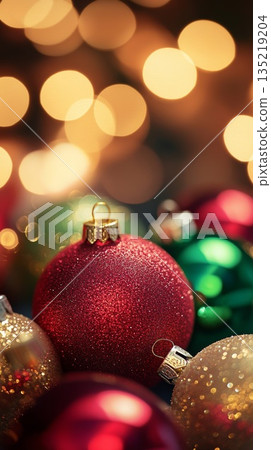Close-up of vibrant baubles in red, gold, green with festive bokeh lights creating a decorative ambiance 135219204