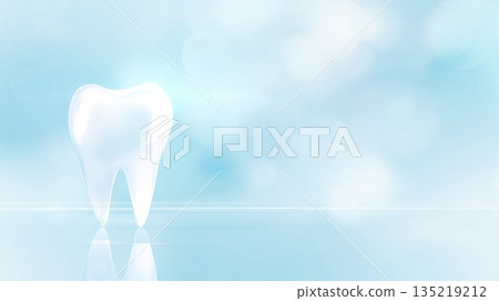 Polished tooth illustration with glossy surface and bright glow on pale-blue background with copy space 135219212