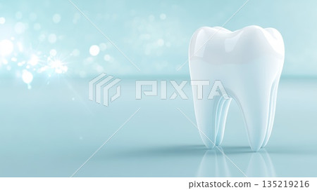 Polished tooth illustration on glossy pale-blue background with bright clean glow and copy space 135219216