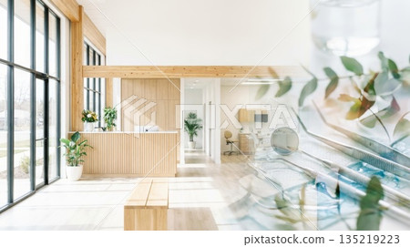 Modern dental clinic interior with wooden accents and bright natural light creating a welcoming atmosphere 135219223