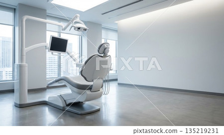 Modern dental clinic interior featuring advanced dental chair and bright, spacious environment 135219231