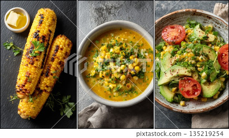 Grilled corn on the cob, corn soup, and fresh salad collage showcasing vibrant summer flavors 135219254