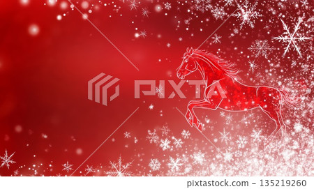 Red background with a galloping horse and snowflakes for Chinese New Year celebration concept 135219260