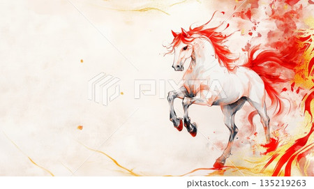 Majestic white horse illustration with vibrant red mane for Chinese New Year celebration background Majestic white horse illustration with vibrant red mane for Chinese New Year celebration background 135219263