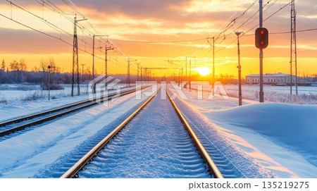 Snow-covered railway tracks leading into a vibrant sunset with clouds and distant structures Snow-covered railway tracks leading into a vibrant sunset with clouds and distant structures 135219275
