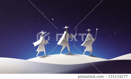 Three figures in flowing robes walking across a desert landscape under a starry night sky Three figures in flowing robes walking across a desert landscape under a starry night sky 135219277