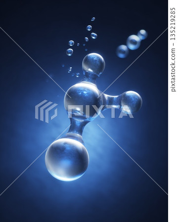Water molecule structure with bubbles floating in a blue background representing purity and filtration 135219285