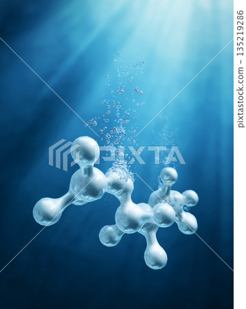 Water molecules floating in a serene underwater environment with bubbles and light rays 135219286