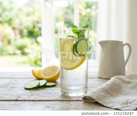 Refreshing glass of infused water with lemon, cucumber, and mint on a rustic wooden table 135219287