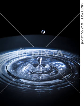 Water droplet creating ripples in a calm surface, showcasing fluid dynamics and tranquility concept Water droplet creating ripples in a calm surface, showcasing fluid dynamics and tranquility concept 135219288
