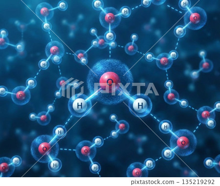 Molecular structure of water showcasing hydrogen and oxygen atoms in a dynamic arrangement Molecular structure of water showcasing hydrogen and oxygen atoms in a dynamic arrangement 135219292