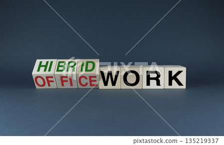 Office work or Hybrid work. Cubes form the choice words Office work or Hybrid work. 135219337