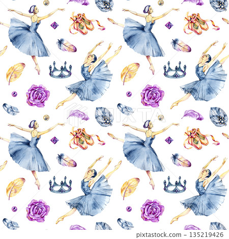 Expressive watercolor seamless pattern with graceful ballet dancers, feathers and jewels. Dynamic yet elegant composition ideal for fashion textiles, wallpapers, packaging, creative branding and 135219426