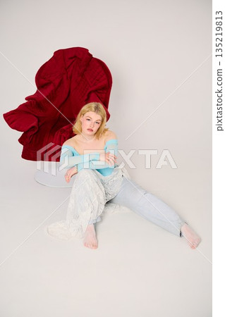 caucasian woman in relaxed sunday morning studio scene caucasian woman in relaxed sunday morning studio scene 135219813