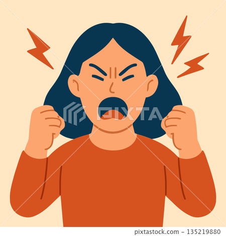 Angry woman screaming with clenched fists and lightning around 135219880