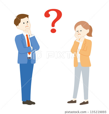 Business illustration of a man and woman standing with a large question mark between them 135219893