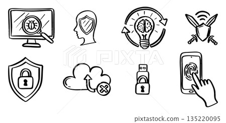 Cybersecurity and Digital Technology Hand Drawn Doodle Icon Set. Cybersecurity and Digital Technology Hand Drawn Doodle Icon Set. 135220095
