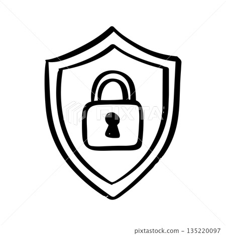 Hand Drawn Security Shield with Padlock Icon Cyber Security and Data Protection Concept. Hand Drawn Security Shield with Padlock Icon Cyber Security and Data Protection Concept. 135220097