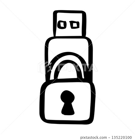 Digital Security Concept Hand Drawn Icon of USB Flash Drive with Padlock. Digital Security Concept Hand Drawn Icon of USB Flash Drive with Padlock. 135220100