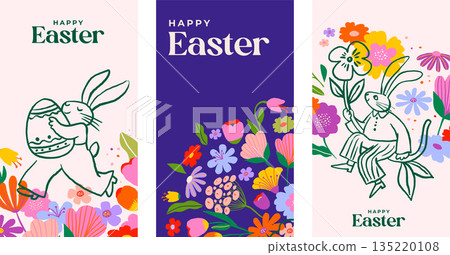 Cute Easter vertical banners with rabbits and colorful spring flowers. Playful folk art style with Cute Easter vertical banners with rabbits and colorful spring flowers. Playful folk art style with 135220108