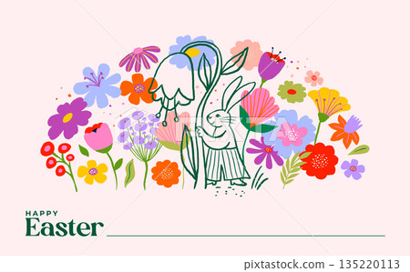 Cute Easter background with hand-drawn rabbits and colorful spring flowers. 135220113