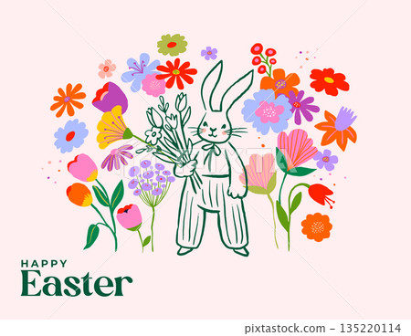 Cute Easter background with hand-drawn rabbits and colorful spring flowers. 135220114