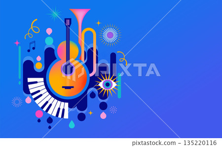 Colorful carnival and music festival poster and banner with abstract musical instruments 135220116