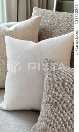 Neutral beige throw pillows on sofa in modern living room 135220268