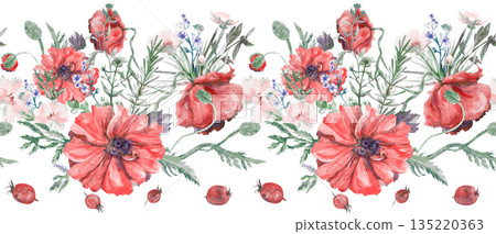 Seamless floral border with bright red poppies and wildflowers painted in watercolor 135220363