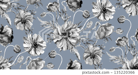 Monochrome floral seamless pattern with black and white poppies painted in watercolor Monochrome floral seamless pattern with black and white poppies painted in watercolor 135220366