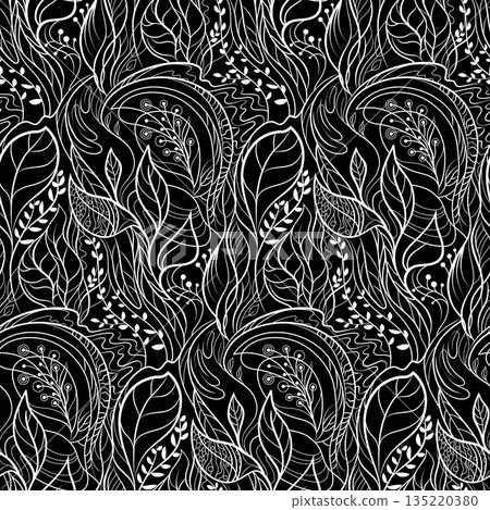 Seamless black and white botanical monochrome pattern with branches and herbs in vector 135220380