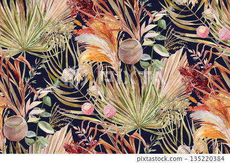 Seamless pattern with painted branches, herbs, and tropical leaves for textiles and wallpaper (6) 135220384