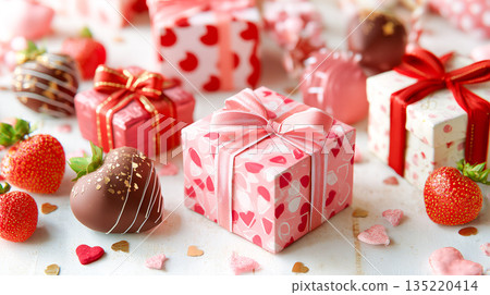 Valentine's Day chocolate gift wrapped in heart pattern 135220414