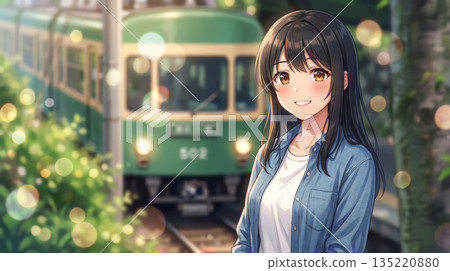 以江之島電鐵為背景的女子肖像插畫 135220880