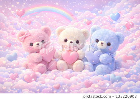 一隻粉彩色的泰迪熊抱著一顆心和一朵夢幻的雲朵 135220908
