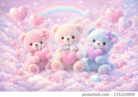 一隻可愛的泰迪熊，周圍環繞著彩虹和愛心 135220909