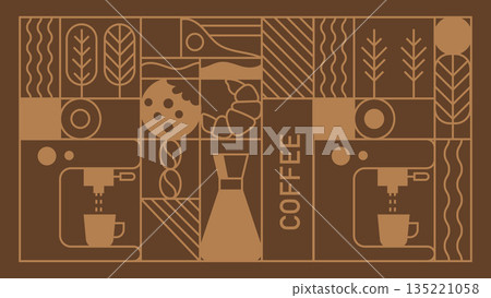 Brown Coffee Geometric Background with Line Art Icons Hand Drawn.Vector Illustration 135221058