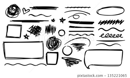 Black Marker Hand Drawn Scribble Collection and Design Elements.Vector Illustration 135221065