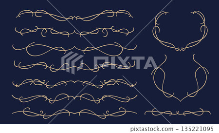Hand Drawn Vintage Line Divider Collection Isolated on Navy Blue Background.Vector Illustration 135221095