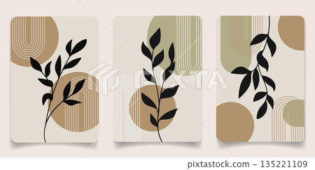 Set of abstract foliage wall art vector. Leaves, geometric circle shapes, earth tone colors, leaf branch in hand drawn style. 135221109