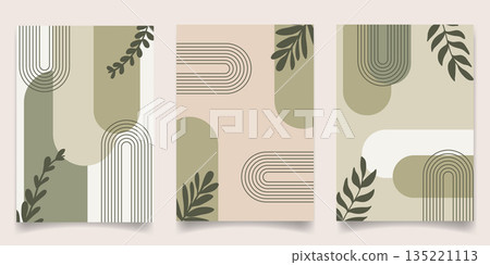 Abstract Foliage Wall Art Set with Geometric Arches. Vector Illustration Abstract Foliage Wall Art Set with Geometric Arches. Vector Illustration 135221113