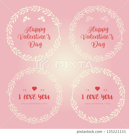 Valentine Day Greeting Bundle with Wreath Circle Border.Vector Illustration 135221131