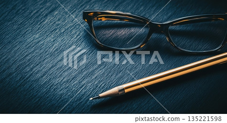 Elegant Tortoise Glasses Pencil Dark Desk Still Life Photography up wood work gold image table study 135221598