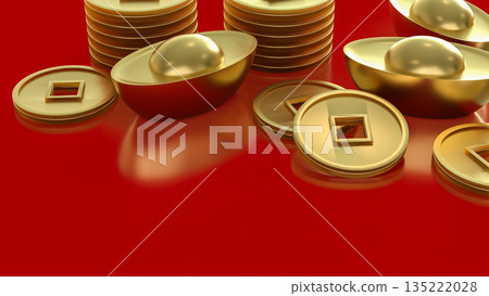 Luxury Golden Chinese Ingots and Coins on Red Background 3d render. 135222028