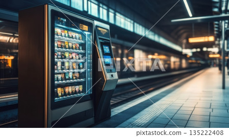 Modern vending machine and ticket kiosk at a dimly lit train station platform during early morning hours 135222408